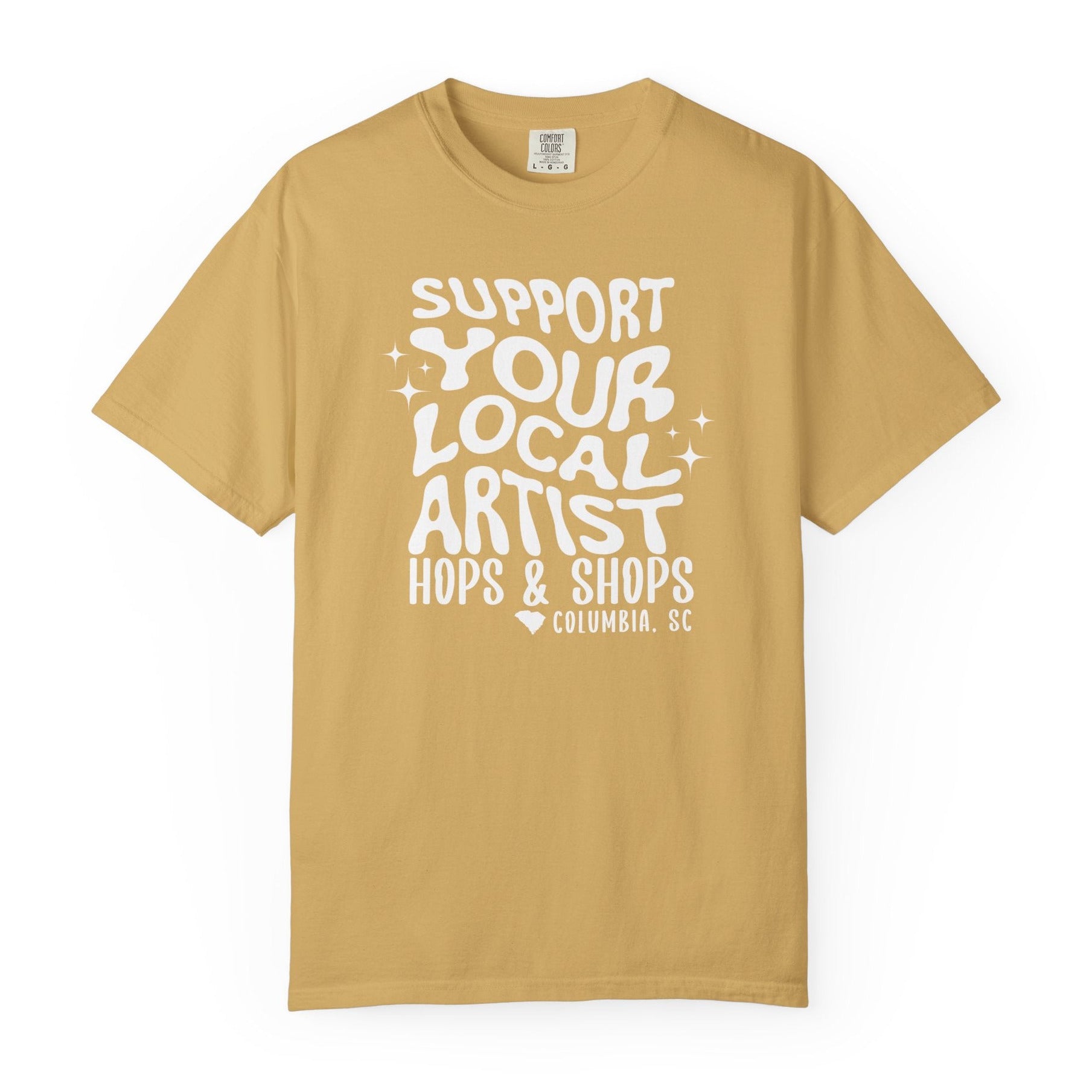 Beige t-shirt with 'Support Your Local Artist' text on a white background