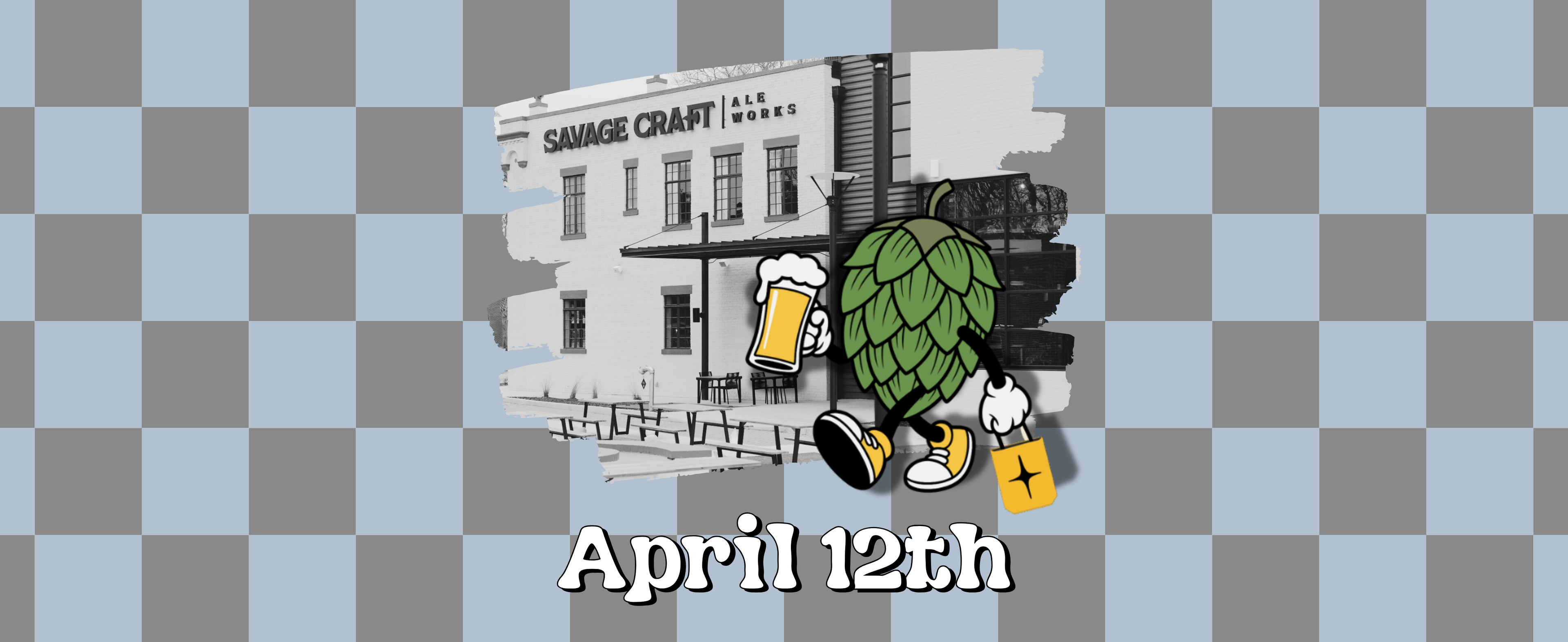 Savage Craft building logo with a hop and beer glass on a checkered background